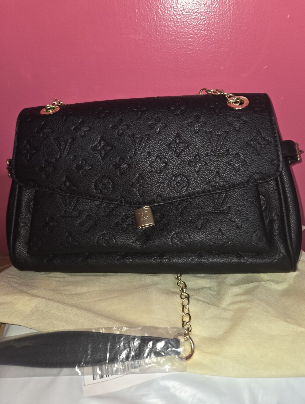 New Black Embossed Monogram Chain Shoulder Bag